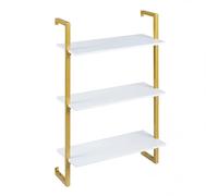 CASART 3-Tier Wall Mounted Shelf, Metal Frame Floating Ladder Shelf Bookcase, Utility Wall Bookshelf Display Rack Storage Shelving Unit for Living Room Bathroom (Gold+White, 53 x 23 x 90cm)