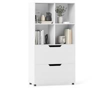 CASART 4-Cube Bookcase, 130cm Wooden Bookshelf Storage Cabinet | 4 Open Shelves & 2 Drawers, 5-Tier Tall Freestanding Display Shelf Organizer for Living Room Bedroom Study