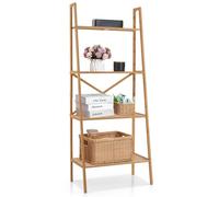 CASART 4-Tier Ladder Bookshelf, Freestanding Bamboo Storage Rack with Anti-tipping Device, Storage Shelving Unit Plant Display Shelf for Living Room Bedroom Kitchen Balcony