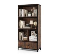 CASART 5-Tier Tall Bookcase, 152cm Bookshelf (Rustic Brown+Black) | 4 Compartments & Fabric Drawer, Wooden Display Shelf Storage Cabinet for Home Office Living Room