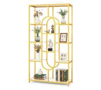 CASART 8/10-Tier Bookcase (White + Gold, 95 x 30 x 175cm, 10) | Metal Frame Tall Etagere Bookshelf with Open Storage Compartments, Industrial Display Shelf Unit for Living Room Office