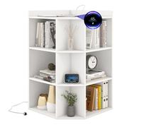 CASART Corner Bookcase with Charging Station, 4-Tier Cube Bookshelf Open Storage Cabinet, Triangle Book Shelf Wooden Storage Unit for Living Room Office Bedroom Playroom (White)