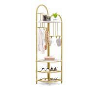 CASART Corner Hall Tree, 180cm Tall Entryway Coat Rack with Shoe Bench, Storage Shelves & 6 Hooks, Freestanding Metal Corner Clothes Rack for Hallway Bedroom Living Room (White + Gold)