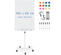 CASART Flip Chart White Board, Height Adjustable Dry Erase Board with Stand, Eraser, Magnets & Paper Clips, 100 x 65 CM Mobile Magnetic Whiteboard for Home Office Classroom (White)