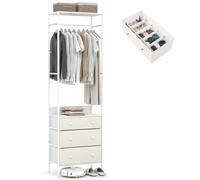 CASART Freestanding Closet Organizer, Open Wardrobe Coat Stand with 3-position Hanging Rod, Storage Shelves & 3 Fabric Drawers, Heavy-duty Clothes Rails for Entryway Bedroom Cloakroom (White)