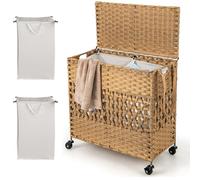 CASART Mobile Handwoven Laundry Basket, Foldable 110L Laundry Hamper with Lid, 2 Removable Liner Bags, Side Handle & PU Strap, Synthetic Rattan 2 Sections Cloth Basket Bin (Natural)