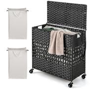 CASART Mobile Handwoven Laundry Basket, Foldable 110L Laundry Hamper with Lid, 2 Removable Liner Bags, Side Handle & PU Strap, Synthetic Rattan 2 Sections Cloth Basket Bin (Black)