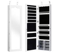 CASART Wall & Door Mounted Jewellery Cabinet, 5 LED Lighted Lockable Jewelry Armoire with Full-Length Mirror, Adjustable Hanging Storage Makeup Box Jewelry Organizer (White, 6 Acrylic Drawers)