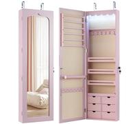 CASART Wall & Door Mounted Jewellery Cabinet, 5 LED Lighted Lockable Jewelry Armoire with Full-Length Mirror, Adjustable Hanging Storage Makeup Box Jewelry Organizer (Pink, 6 Wooden Drawers)