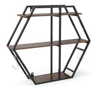 CASART Wall Mounted Industrial Shelf, 3-Tier Hexagon Floating Shelves Display Hanging Ledge with Hooks, Metal Frame Decorative Wall Shelves Storage Rack for Living Room Bathroom Kitchen