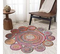CASAVANI Cape Code Collection Circle Area Rug - 3x3 Multicolor Chindi Cotton Jute Rug Geometric Kilim Rug Indoor Outdoor Use Mat Flatweave Rugs for Bedside Round Terrace Yoga Mat Kitchen