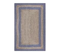 CASAVANI Hand Braided Rag Rug Geometric Beige and Blue Jute Dhurrie Decor Styles- Small Rugs For Bedroom Dining Room Living Room Kitchen 3x3 Feet Square