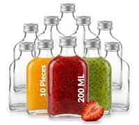 casavetro 10 200ml Glass Bottles with Screw Lids - Small Empty Flask for Bottling Homemade Sloe Gin, Vodka, Liqueur & Spirits - Refillable 200 ml Flat Hip Shape with Spare Caps Included