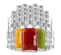 casavetro 32 200ml Glass Bottles with Screw Lids - Small Empty Flask for Bottling Homemade Sloe Gin, Vodka, Liqueur & Spirits - Refillable 200 ml Flat Hip Shape with Spare Caps Included