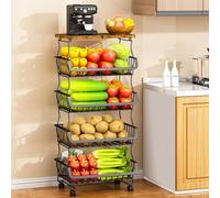 Casavibe 5-Tier Metal Vegetable Storage Basket with Wood Top & Wheels,Stackable Fruit Organizer Rack for Kitchen,Pantry,or Bathroom