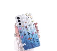CASBST Case for Samsung Galaxy A14 5G/4G, Cute Floral Color Design Pattern Suitable for Women Girls Protective Shockproof Slim Feather Yarn Style Phone Cover for Samsung A14 (Rattan Flower/Blue)