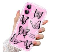 CASBST Compatible for iPhone 16 Case, Pretty Butterfly Print Three-dimensional Wave Clear Case for Girls Women, Soft Full Package Anti-fall Cover for iPhone 16, Black Butterfly