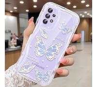CASBST Compatible for Samsung Galaxy A32 5G Case, Pretty Butterfly Print Three-dimensional Wave Clear Case for Girls Women, Soft Full Package Anti-fall Cover for Galaxy A32 5G, Water Blue Butterfly