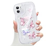 CASBST Compatible with iPhone 11 Phone Case for Women Girls, Curly Wave Frame with Sparkly Butterfly Pattern, Full Camera Protection, Slim TPU Aesthetic Clear Phone Case for iPhone 11, Cream White