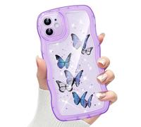 CASBST Compatible with iPhone 12 Case for Women Girls, Cute Curly Wave Frame with Bling Glitter Butterfly Pattern, Full Camera Protection, Slim TPU Aesthetic Clear Phone Case for iPhone 12, Purple
