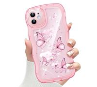 CASBST Compatible with iPhone 12 Case for Women Girls, Cute Curly Wave Frame with Bling Glitter Butterfly Pattern, Full Camera Protection, Slim TPU Aesthetic Clear Phone Case for iPhone 12, Pink