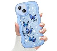 CASBST Compatible with iPhone 13 Case for Women Girls, Cute Curly Wave Frame with Bling Glitter Butterfly Pattern, Full Camera Protection, Slim TPU Aesthetic Clear Phone Case for iPhone 13, Blue