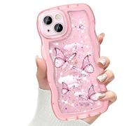 CASBST Compatible with iPhone 13 Case for Women Girls, Cute Curly Wave Frame with Bling Glitter Butterfly Pattern, Full Camera Protection, Slim TPU Aesthetic Clear Phone Case for iPhone 13, Pink