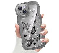 CASBST Compatible with iPhone 13 Case for Women Girls, Cute Curly Wave Frame with Bling Glitter Butterfly Pattern, Full Camera Protection, Slim TPU Aesthetic Clear Phone Case for iPhone 13, Black