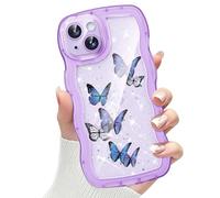 CASBST Compatible with iPhone 15 Case for Women Girls, Cute Curly Wave Frame with Bling Glitter Butterfly Pattern, Full Camera Protection, Slim TPU Aesthetic Clear Phone Case for iPhone 15, Purple