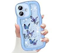CASBST Compatible with iPhone 16 Case for Women Girls, Cute Curly Wave Frame with Bling Glitter Butterfly Pattern, Full Camera Protection, Slim TPU Aesthetic Clear Phone Case for iPhone 16, Blue
