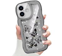 CASBST Compatible with iPhone 16 Case for Women Girls, Cute Curly Wave Frame with Bling Glitter Butterfly Pattern, Full Camera Protection, Slim TPU Aesthetic Clear Phone Case for iPhone 16, Black