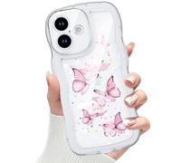 CASBST Compatible with iPhone 16 Case for Women Girls, Cute Curly Wave Frame with Glitter Pattern, Full Camera Protection, Slim TPU Aesthetic Clear Phone Case for iPhone 16, White Pink Butterfly