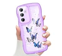 CASBST for Galaxy A35 5G Phone Case for Women Girls, Cute Curly Wave Frame with Bling Glitter Butterfly Pattern, Full Camera Protection, Slim TPU Aesthetic Clear Phone Case for Samsung A35, Purple