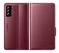 CASBST for Samsung Galaxy S21 Case, Kickstand Flip Leather Wallet Book Case with Card Slots Shockproof Magnetic Closure Protective Phone Case Cover Compatible with Samsung S21 - Wine Red