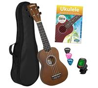 CASCHA Soprano Ukulele Set for Children and Adults I Ukulele Starter Kit with 3 Picks Bag Textbook Learning Videos via QR Code Tuner I Set Aquila Strings Nylon I Small Hawaiian Guitar Brown