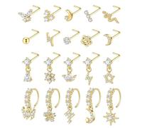 CASDAN 20Pcs 20G Surgical Steel Dangle Nose Rings for Women L Shaped Dangling Nose Rings Studs Hoops Stainless Steel Flower Butterfly Moon Dangle Nose Piercing Jewelry(Gold/Silver Color)