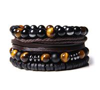 CASDAN 4-5 Pcs Leather Woven Braided Bracelet for Men Women Wrap Cuff Bracelets Linen Hemp Cords Wood Beads Ethnic Tribal Wristband Adjustable, 8.5 inches, Leather Wood Stone