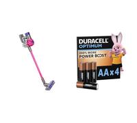 Casdon Dyson Cordless Vacuum Interactive & Officially Licensed Toy Dyson Vacuum For Children Aged 3+ Realistic Role-Play Fun, Pink + Duracell Optimum pack of 4 AA