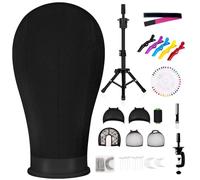 CASDUCT 22 Inch Canvas Wig Head, Mannequin Head With 63inch Tripod Stand, Manikin Canvas Head Set for Wigs Making Display Styling with Tripod Table Clamp Wig Caps Pins Set Hair Brush (Black)