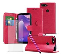 Case and Glass Screen Protector Compatible with Nokia 1 (2018) TA-1060 / TA-1066 / TA-1079 - PU Leather Wallet Case [Card Holder Slots] Clear 2.5d Tempered Glass [ HOT PINK ]