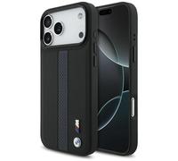 Case BMW MagSafe iPhone 17 Pro Max Faux Leather Black Blue Logo Metal