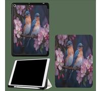 Case Compatible with iPad 6th/5th Generation(9.7-inch, 2018/2017 Model) with Pencil Holder-Ultra Slim Standing Cover, Auto Wake/Sleep Peach Blossoms In Bloom Naturalistic Realism Sparrow-Blue