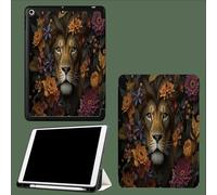 Case Compatible with iPad 6th/5th Generation(9.7-inch, 2018/2017 Model) with Pencil Holder-Ultra Slim Standing Cover, Auto Wake/Sleep Majestic Lion Nature Flowers-Black