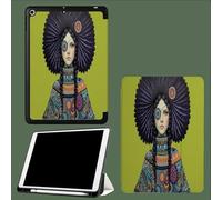 Case Compatible with iPad 6th/5th Generation(9.7-inch, 2018/2017 Model) with Pencil Holder-Ultra Slim Standing Cover, Auto Wake/Sleep Geometry Woman Flowers Ethnicity Portrait-Olive Green