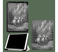 Case Compatible with iPad 6th/5th Generation(9.7-inch, 2018/2017 Model) with Pencil Holder-Ultra Slim Standing Cover, Auto Wake/Sleep Relief Horses Mountains Abstract Animals-Grey
