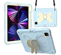 Case Compatible with iPad Pro 11/iPad Air4 10.9, 3D Heavy Duty Hard Rugged Protective Case, Cartoon Butterfly Wings Stand Shockproof Silicone Case for Kids with Shoulder Strap Beige + Blue