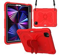 Case Compatible with iPad Pro 11/iPad Air4 10.9, 3D Heavy Duty Hard Rugged Protective Case, Cartoon Butterfly Wings Stand Shockproof Silicone Case for Kids with Shoulder Strap-Red