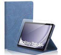 Case Compatible with Samsung Galaxy Tab A9 Plus 11 Inch 2023, Blue PU Leather Flip Wallet Protective Case with 1 Piece Tempered Glass Screen Protector for Samsung Galaxy Tab A9 Plus