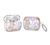 Case Compatible with with AirPods Pro 3 2025,Elegant Lavender Pattern Cover for AirPods Pro 3rd Gen with Built-in Phone Stand,One-Click Secure Lock & Carabiner,Wireless Charging, Gift for Girls Women