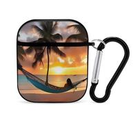 Case Cover Compatible with AirPods 2 & 1,Coconut Beach Sunset Hammockprinted PC Hard Shell Shock Protective Cover for Apple AirPods 2 & 1 With Keychain Support Wireless Charging